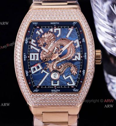 Bust Down Franck Muller Vanguard Yachting Watch Black Dragon Face Rose Gold